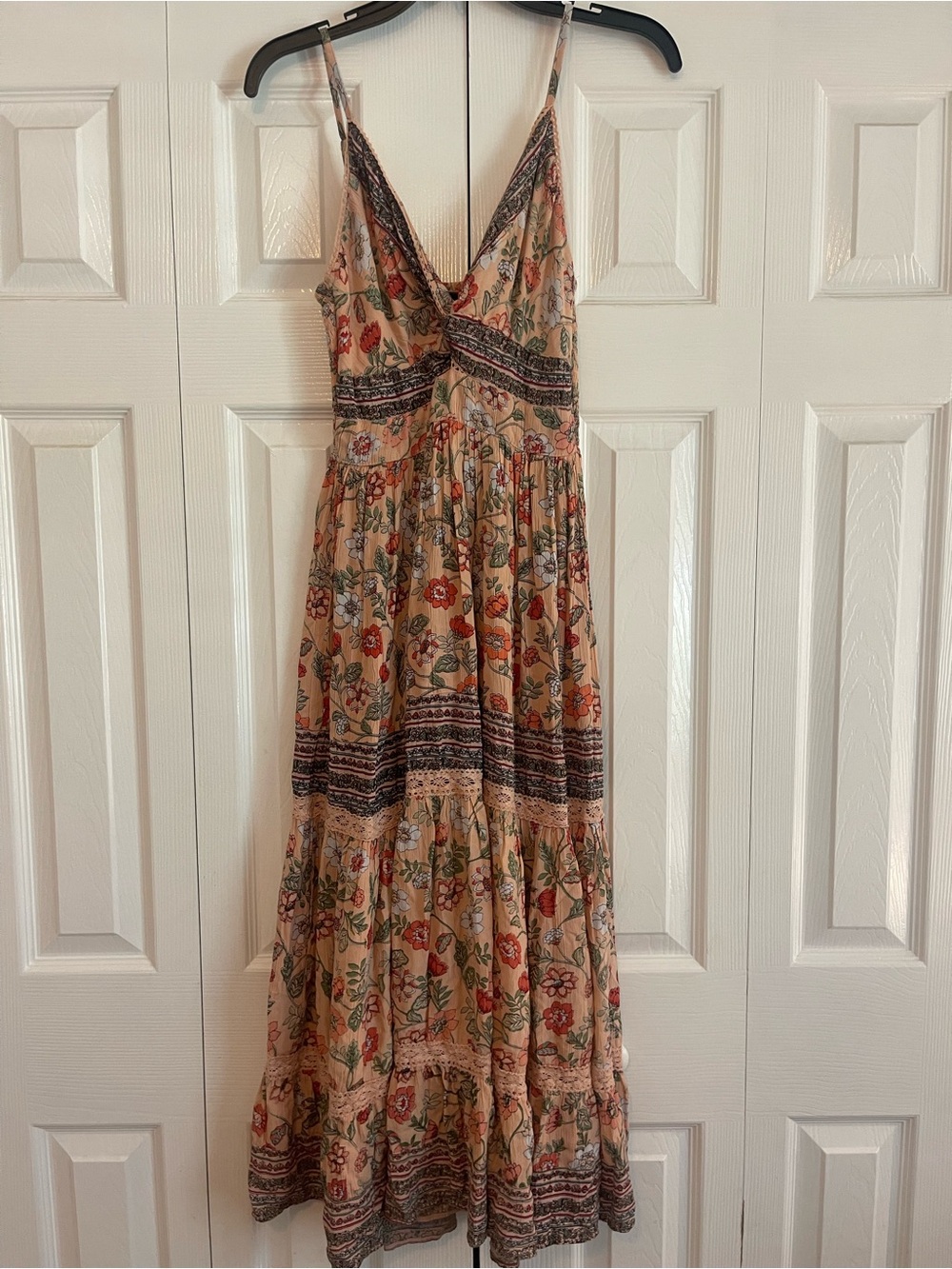 Angie Floral Tiered Maxi Dress in Beige and Red